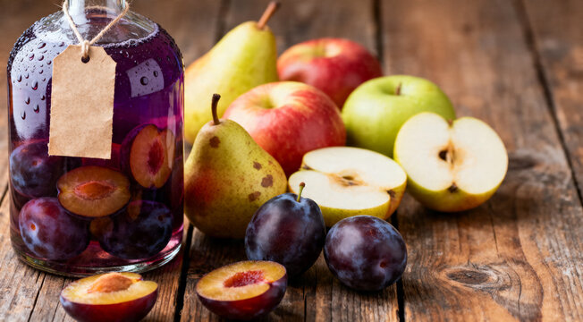 Delicious plum liquor and ripe fruits on wooden table. Homemade strong alcoholic beverage