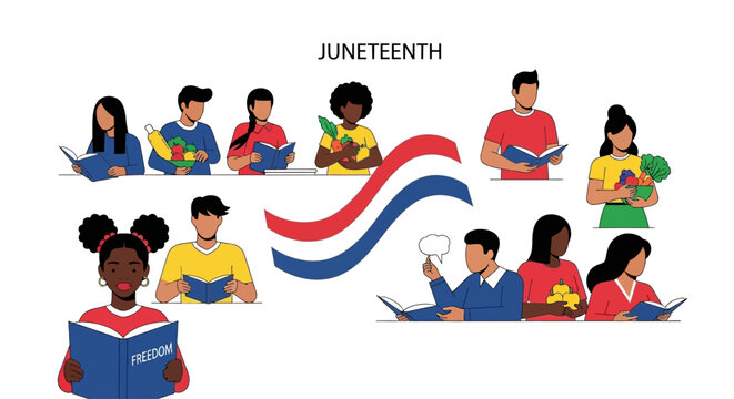 Juneteenth celebration of freedom and knowledge with diverse people reading