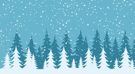 Obraz premium Winter landscape scene with stylized evergreen trees and falling snow