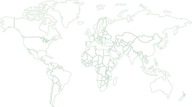 Green Outline World Map with Country Borders on White Background