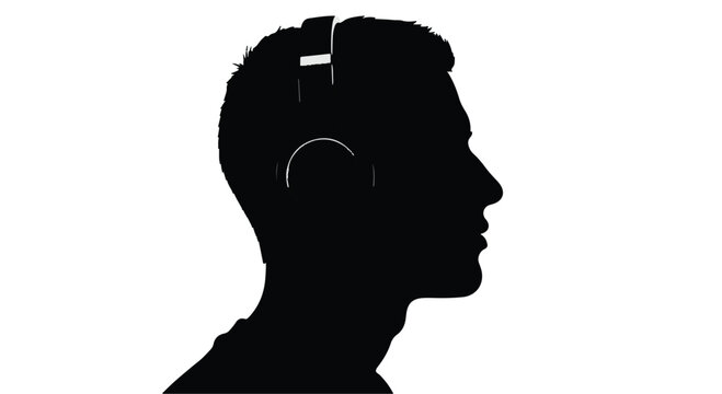 Man wearing headphones and virtual reality headset in black silhouette profile view on white background for technology and innovation concept