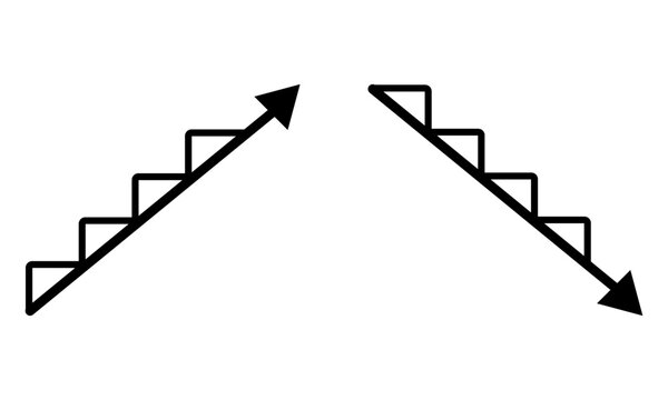Upward and downward arrow stairs icon set, business growth decline symbol, step graph direction illustration