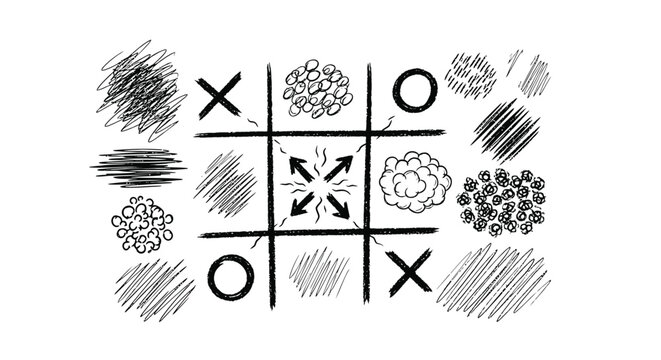 Hand drawn tic tac toe game, sketch flowers, black and white vector illustration, game icons set