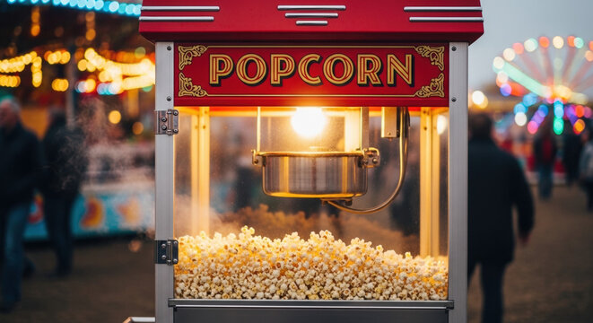 Bright red popcorn machine glowing warmly at a lively fairground with festive lights