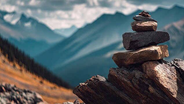 A weathered stone cairn sits against majestic, layered mountain peaks under a cloudy sky