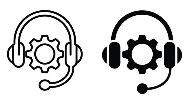 Headsets with gear icons set in gray, black and blue colors featuring tech support symbols, customer service communication elements, help desk tools, and modern professional