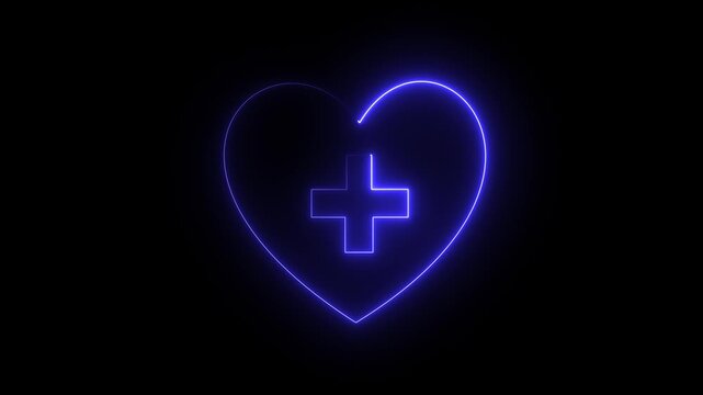 Neon Heart with Medical Cross, Glowing Medical Symbol with Heart .glowing neon love + icon with blue and rad line animation on a black background.4K