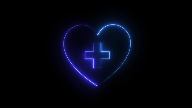 Neon Heart with Medical Cross, Glowing Medical Symbol with Heart .glowing neon love + icon with blue and rad line animation on a black background.4K