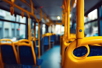 Fototapeta premium Inside view of an empty public transportation vehicle, showcasing seating & overhead handrails