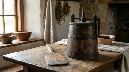 Fototapeta premium Antique Butter Churn on Rustic Wooden Table in Farmhouse Kitchen for Culinary Blogs, Home Decor Websites, Traditional Cooking Articles, and Vintage Lifestyle Content