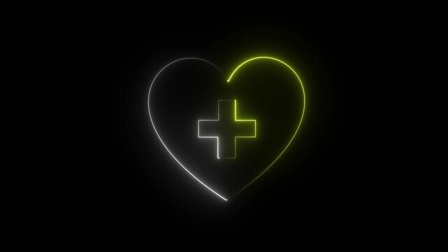 Neon Heart with Medical Cross, Glowing Medical Symbol with Heart .glowing neon love + icon with blue and rad line animation on a black background.4K