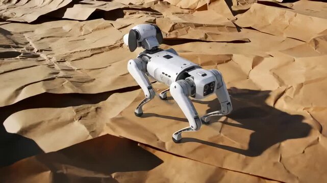 Activating motors, white quadruped robot walking across brown paper in studio, testing movement