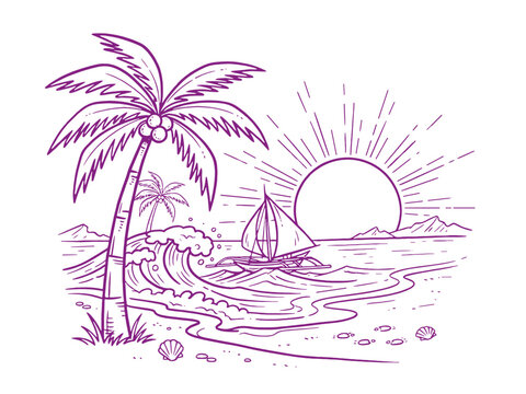 Beach vibes artwork for t shirt. Summer paradise design. Palm tree sketch with sailboat. Ocean wave artwork. Tropical holiday beach design.