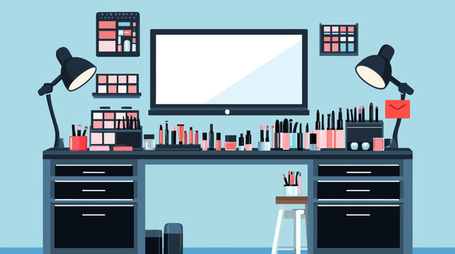 A cartoon depiction of a makeup station with vanity, mirror, and various cosmetic products