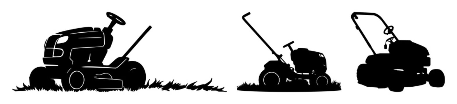 Lawn mower set with black silhouette on white background featuring outdoor power tool, gardening equipment, mowing machine with professional and commercial