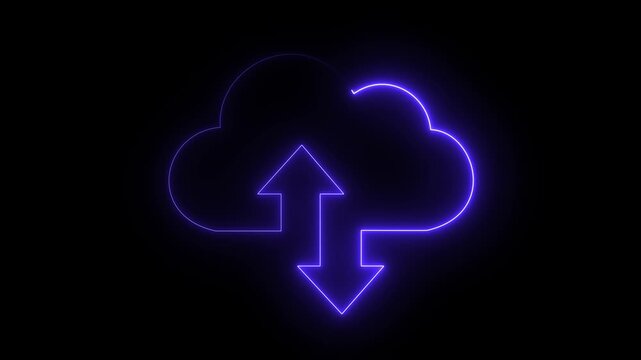 Neon glowing digital cloud icon, data transfer animation. cloud storage with arrows icon animation on the black, background. Cloud space and technology, data backup, file repository, upload database.