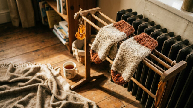 Cozy mittens drying in a warm home environment with a cup of tea on a rustic wooden floor