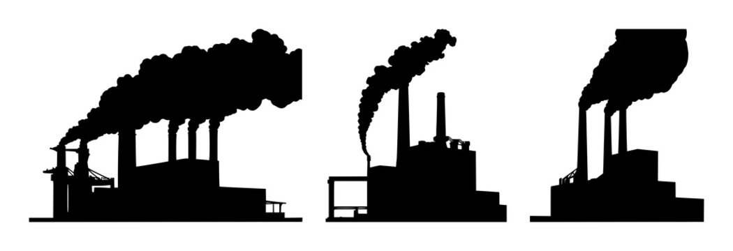 Factory set with black silhouette on white background featuring smoke, industrial, silhouette, background, architecture with blackline and monochrome