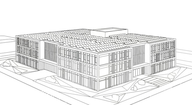 Architectural line drawing of a modern multi-story building with a flat roof.