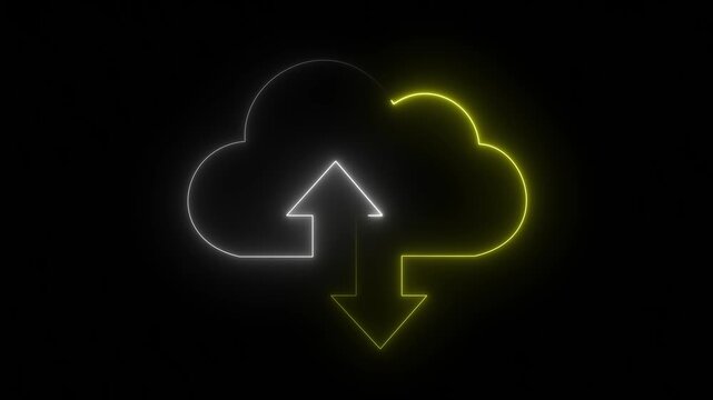 Neon glowing digital cloud icon, data transfer animation. cloud storage with arrows icon animation on the black, background. Cloud space and technology, data backup, file repository, upload database.