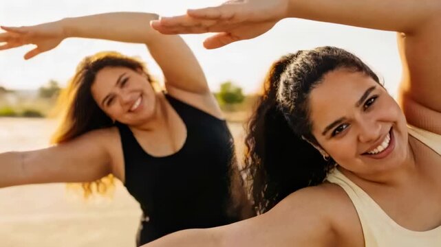 Vertical video: Warming up under golden sun two women matching arm stretches at plaza tank tops