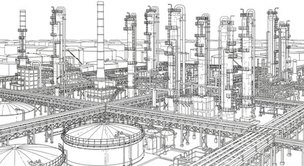 Fototapeta premium Detailed wireframe rendering of a large industrial chemical plant or oil refinery complex with numerous towers, pipes, and storage tanks.