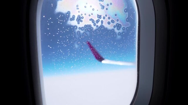 Passenger airplane cruising with icy airplane window covered in frost patterns and frozen droplets. Wing visible through textured ice layer against bright sky and clouds. Flight conditions, window