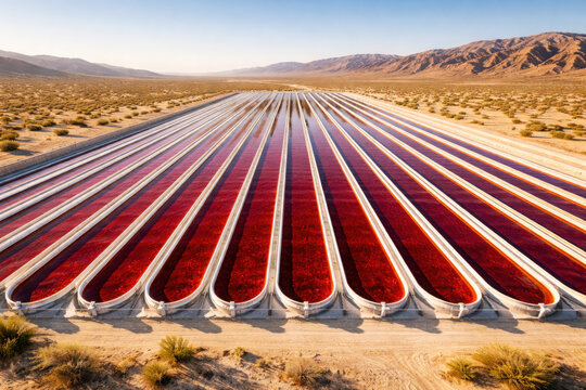 Vibrant haematococcus pluvialis cultivation in large outdoor ponds showcases beauty of nature and innovation in aquaculture