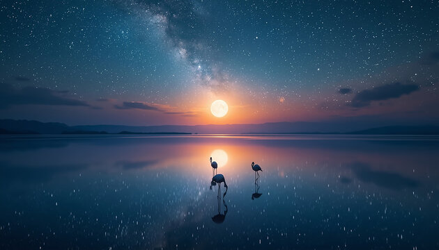 月と星に抱かれたフラミンゴの幻想湖