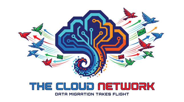 Central cloud icon featuring intricate circuit board patterns surrounded by colorful origami-style birds and envelopes flying in a digital network flow.