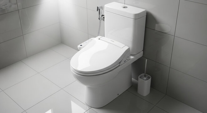 Modern white toilet with a slim bidet control unit displaying cleanliness and functionality against a minimalist bathroom background