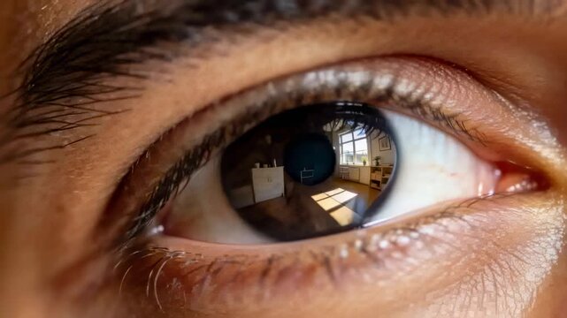 Filming man right eye observing sunlit room shifting gaze changing pupil showing camera reflection