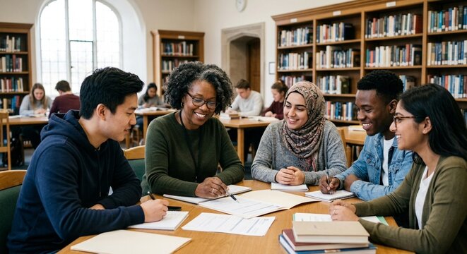 Diverse students and mentor reviewing scholarship forms in a library
