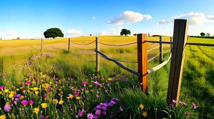 Fototapeta premium Picturesque Rural Meadow Landscape with Colorful Wildflowers and a Wooden Post Fence Overlooking Sunlit Rolling Green Fields and Distant Trees