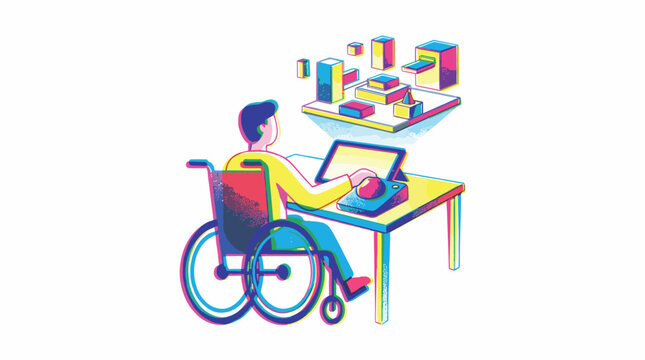 Person in a wheelchair uses a trackball device to manipulate floating 3D geometric shapes above a tablet screen in a grainy and colorful digital workspace.