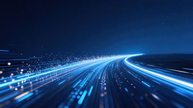 Futuristic high speed data flow with glowing blue light trails and digital particles forming dynamic network pathway, idea for AI technology, fast internet and big data transmission concept