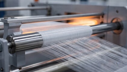 Naklejka premium Medium view of highmodulus polyester fibers undergoing stretching and annealing emphasizing enhanced strength and stiffness in an automated industrial process.