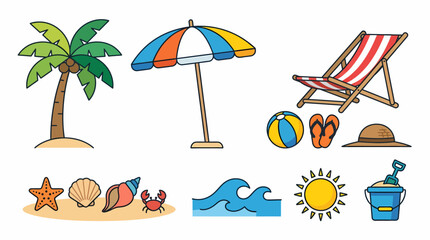 Naklejka premium Colorful Hand Drawn Summer Beach Vacation Elements Collection.