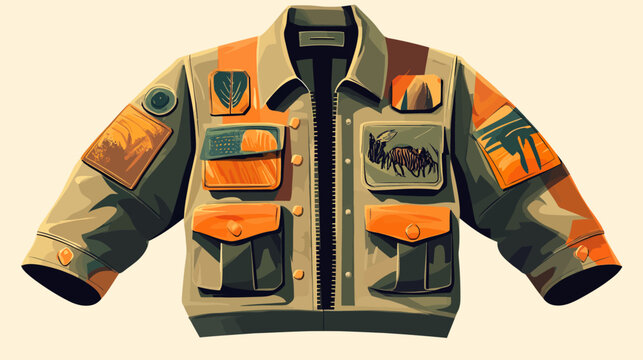 A digitally illustrated jacket with pockets, patches, and a zipper on a neutral background