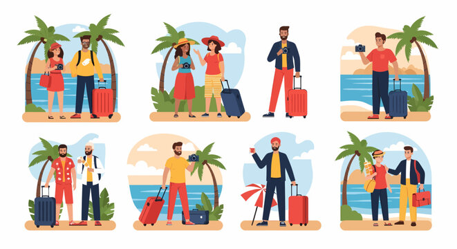 Diverse couples and solo travelers with luggage ready for vacation.