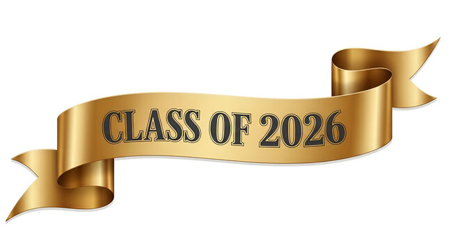 Elegant gold ribbon banner with Class of 2026 text for graduation announcements and party decorations on a dark background