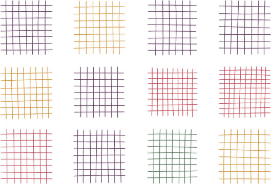 Pastel grid notebook paper set, crayon drawn checkered patterns, hand sketched plaid backgrounds for creative design, stationery texture and abstract artistic composition.