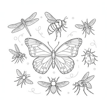 Black and white illustration of various flying insects  butterfly and many types of flies transparent background