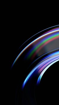Abstract minimalist glass shape on a black background with color refraction effect, vertical 3d render