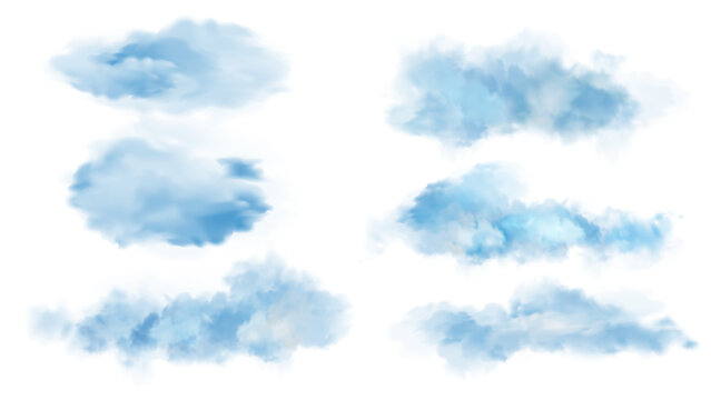 Blue realistic cloud set, fluffy clouds floating isolated cumulus, soft wispy atmosphere effect