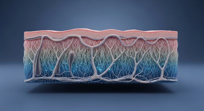 Dermis 3D microscopic render, connective tissue layer visualization, collagen elastin fiber network, papillary and reticular dermis structure, vascular microcirculation, skin histology concept