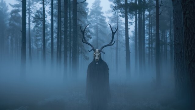 Wendigo mythological creature with deer skull head standing still deep in dark ancient misty forest looking at viewer