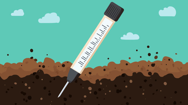 Illustration of a tool measuring soil against a sky with clouds. Focus on earth and analysis
