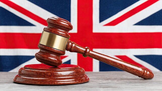 Wooden judge gavel on desk with United Kingdom flag background symbol of law justice court system