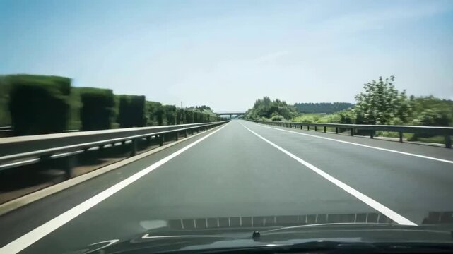 Recording dashcam showing car driving straight on divided highway, passing guardrails and overpass